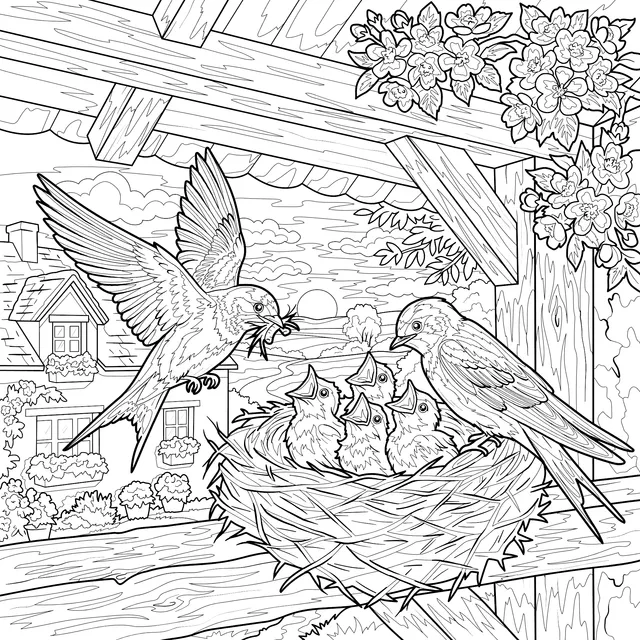 Swallow Family Feeding Chicks Under Eaves