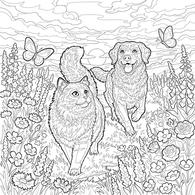 Cat and Dog Strolling in Flower - filled Field