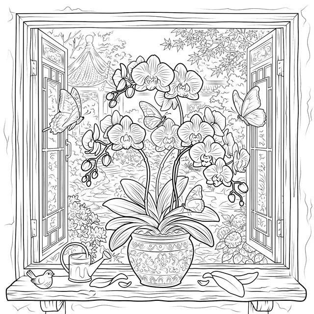 Window Orchid Garden Scene