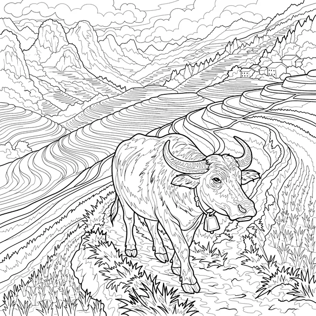Rural Buffalo on Terraced Fields