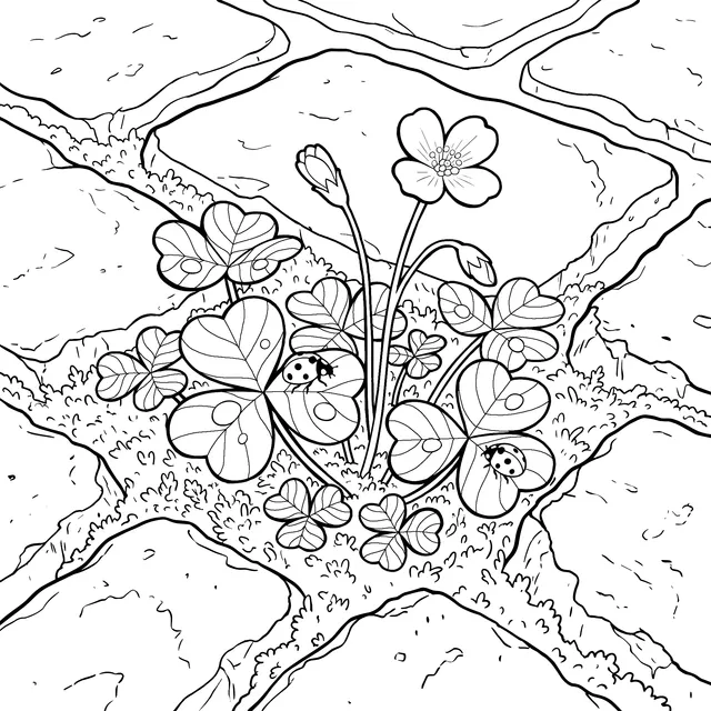 Flowers, Plants and Ladybugs in Stone Cracks