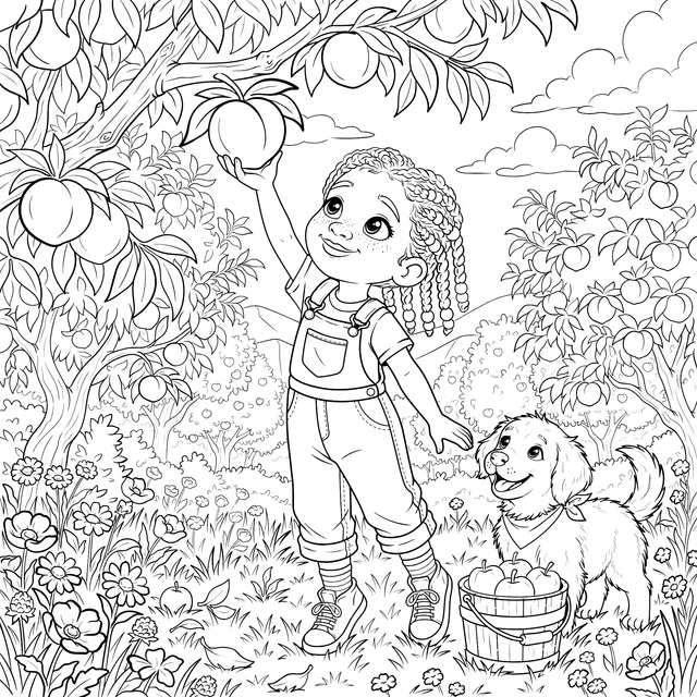 Girl Picking Peaches in Orchard