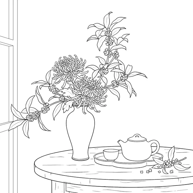 Chinese - style Flower Arrangement and Tea Set