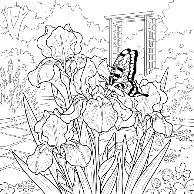 Butterfly among Iris Flowers