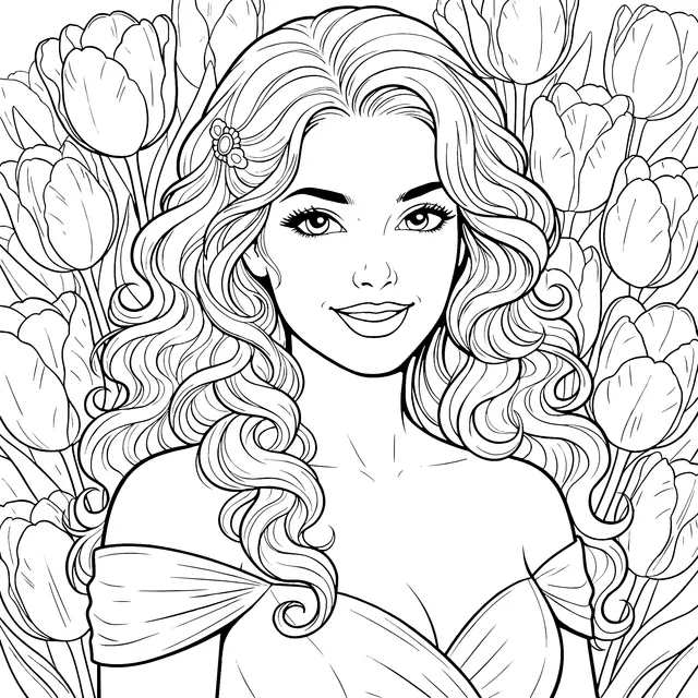 Curly-Haired Girl in Tulip Field