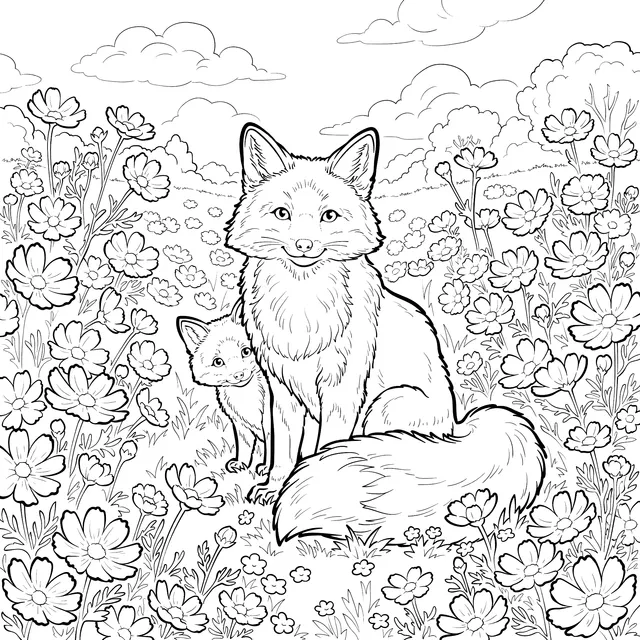 Fox Mother and Cub in a Flower - filled Field