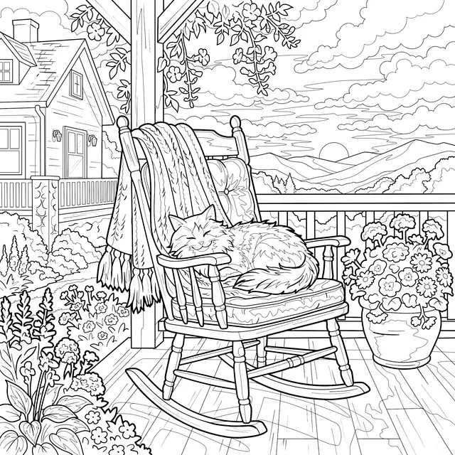 Cat Napping on Porch Rocking Chair