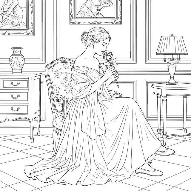 Elegant Lady Admiring a Rose