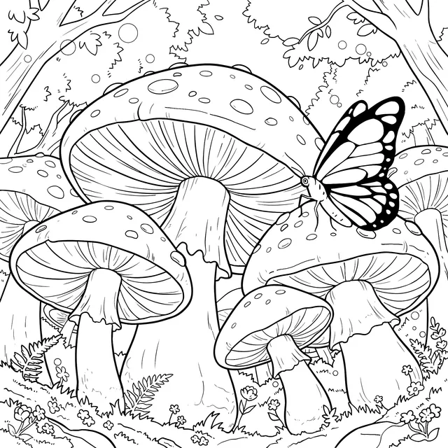 Forest Mushrooms and Butterfly