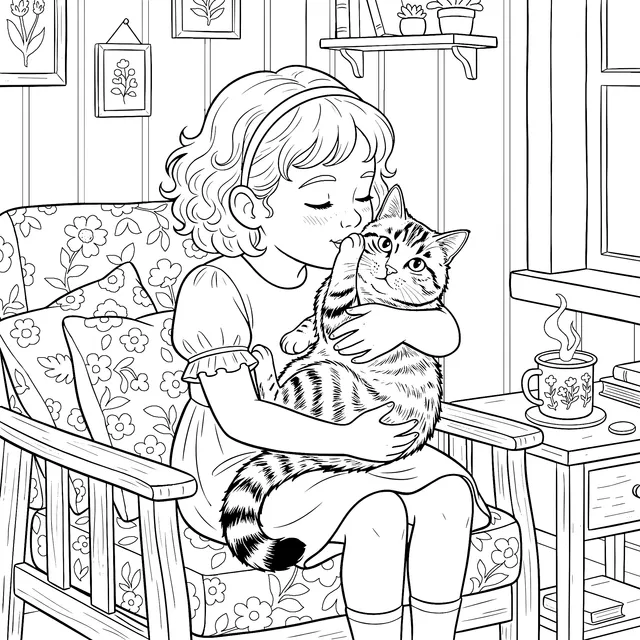 Warm Moment of a Girl and a Cat