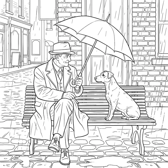 Man and Dog on a Bench in the Rain