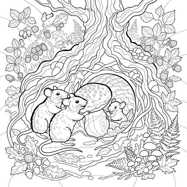 Mouse Family by the Tree Hollow