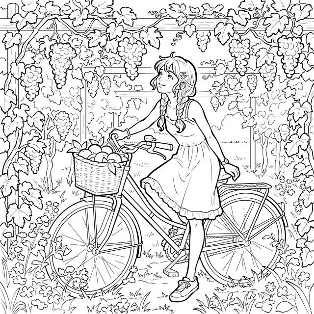 Girl Cycling under Grape Vines