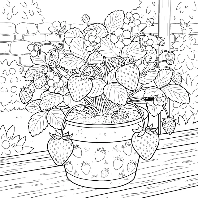 Potted Strawberry Plant on Windowsill