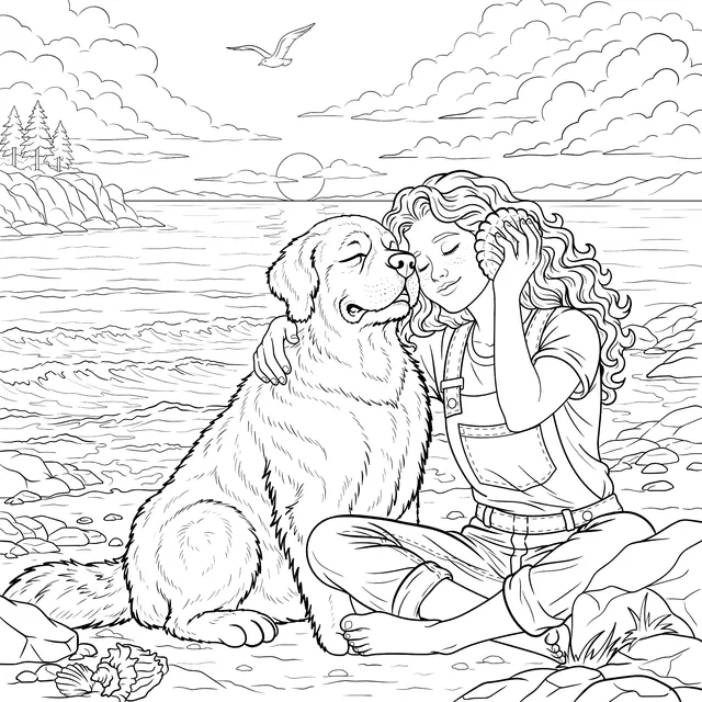 Girl and Dog's Seaside Time