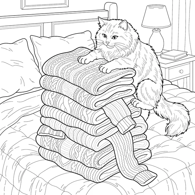 Cute Fluffy Cat Holding Stacked Sweaters