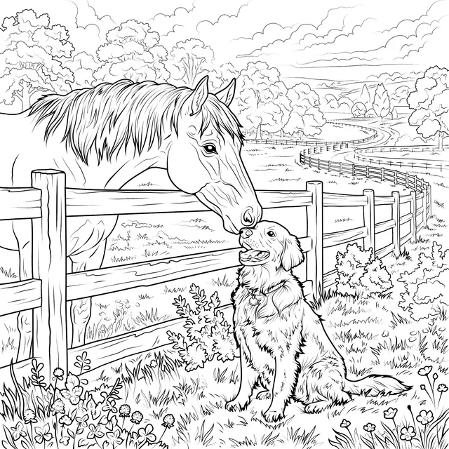 Horse and Golden Retriever by the Pasture Fence