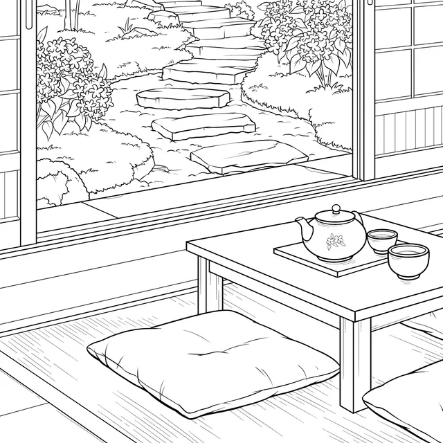 Japanese Courtyard Tea - room Scene