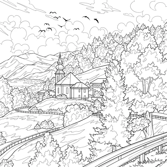 Autumn Mountain Village Church Landscape