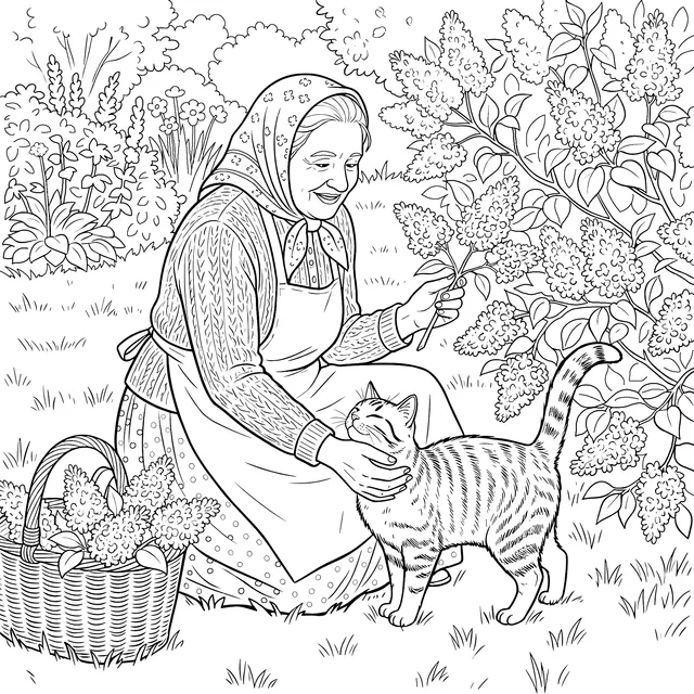 An Old Woman and a Cat in the Garden
