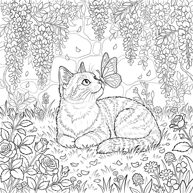 Cat and Butterfly Under Wisteria