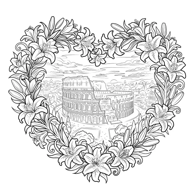 Colosseum at Sunset Framed by Lily Heart Wreath