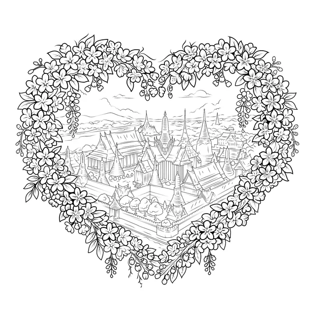 Thai Temple in Heart-shaped Floral Wreath