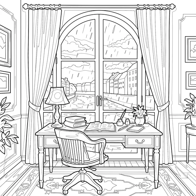 Rainy Canal-Side Study Room