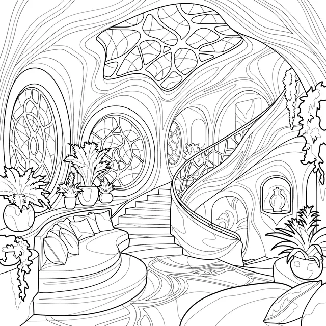 Fantasy Stained Glass Spiral Staircase Living Room