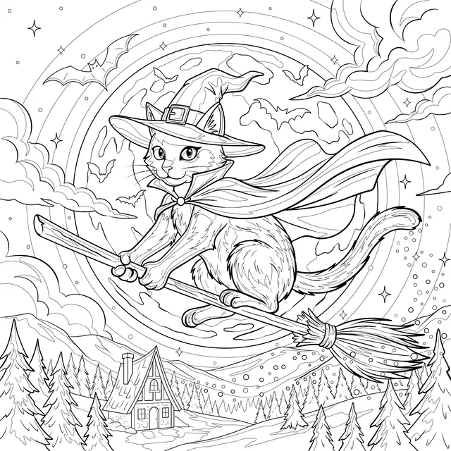 Magic Black Cat Flying on Broom under Moon