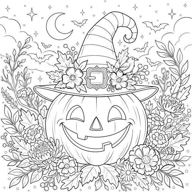 Floral Jack-o'-Lantern with Witch Hat