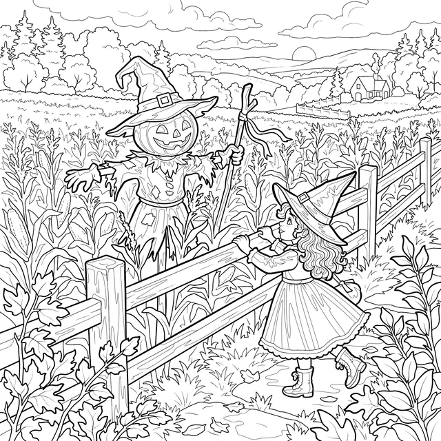 Little Witch and Pumpkin Scarecrow in Autumn