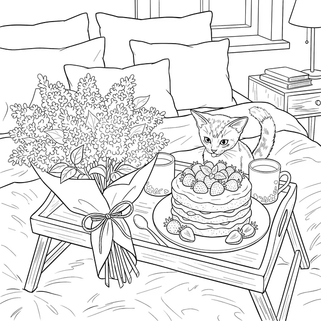 Cozy Breakfast in Bed with Kitten