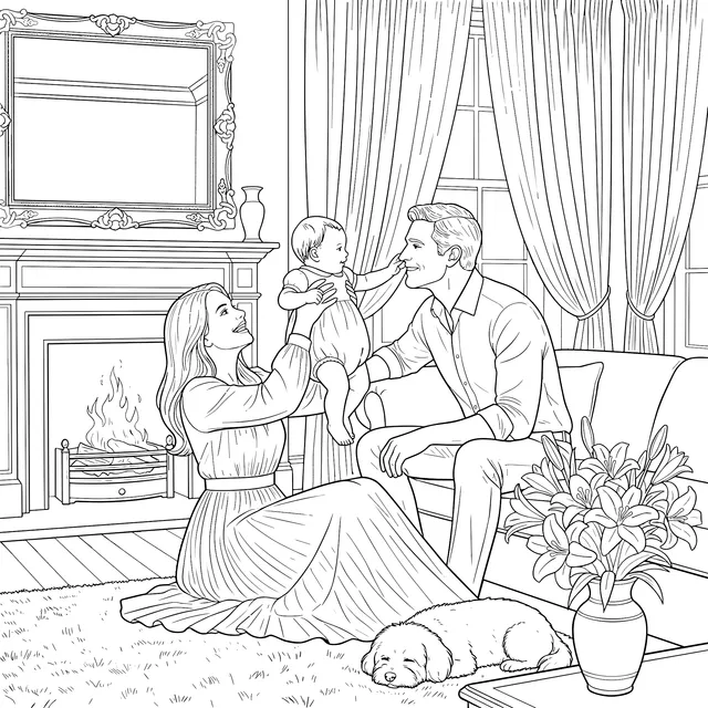 Warm Family of Three by the Fireplace