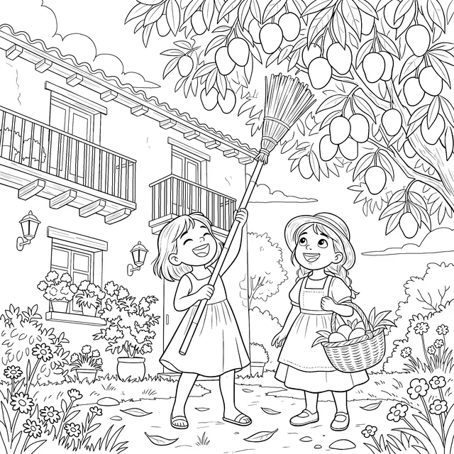 Girls Picking Mangoes in the Yard