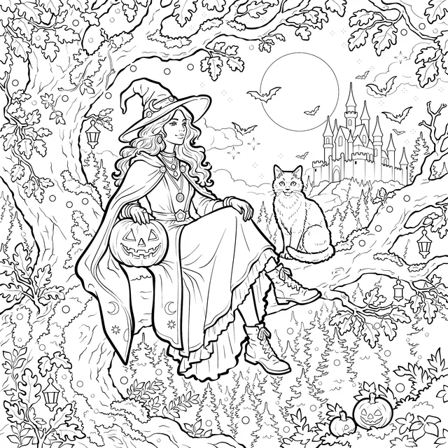 Halloween Witch in Moonlit Forest