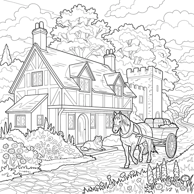 Vintage Country Cottage and Horse Cart