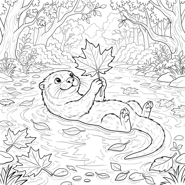 Autumn Otter with Maple Leaf in Stream